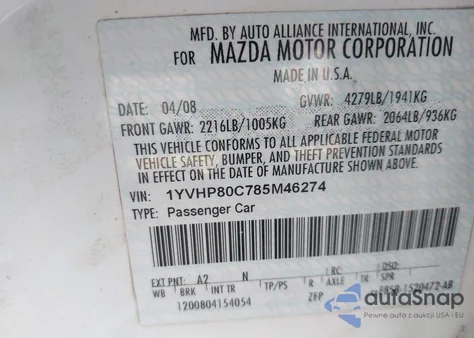 2008 Mazda Mazda6 I Sport Ve from USA, damaged, VIN 1YVHP80C785M46274